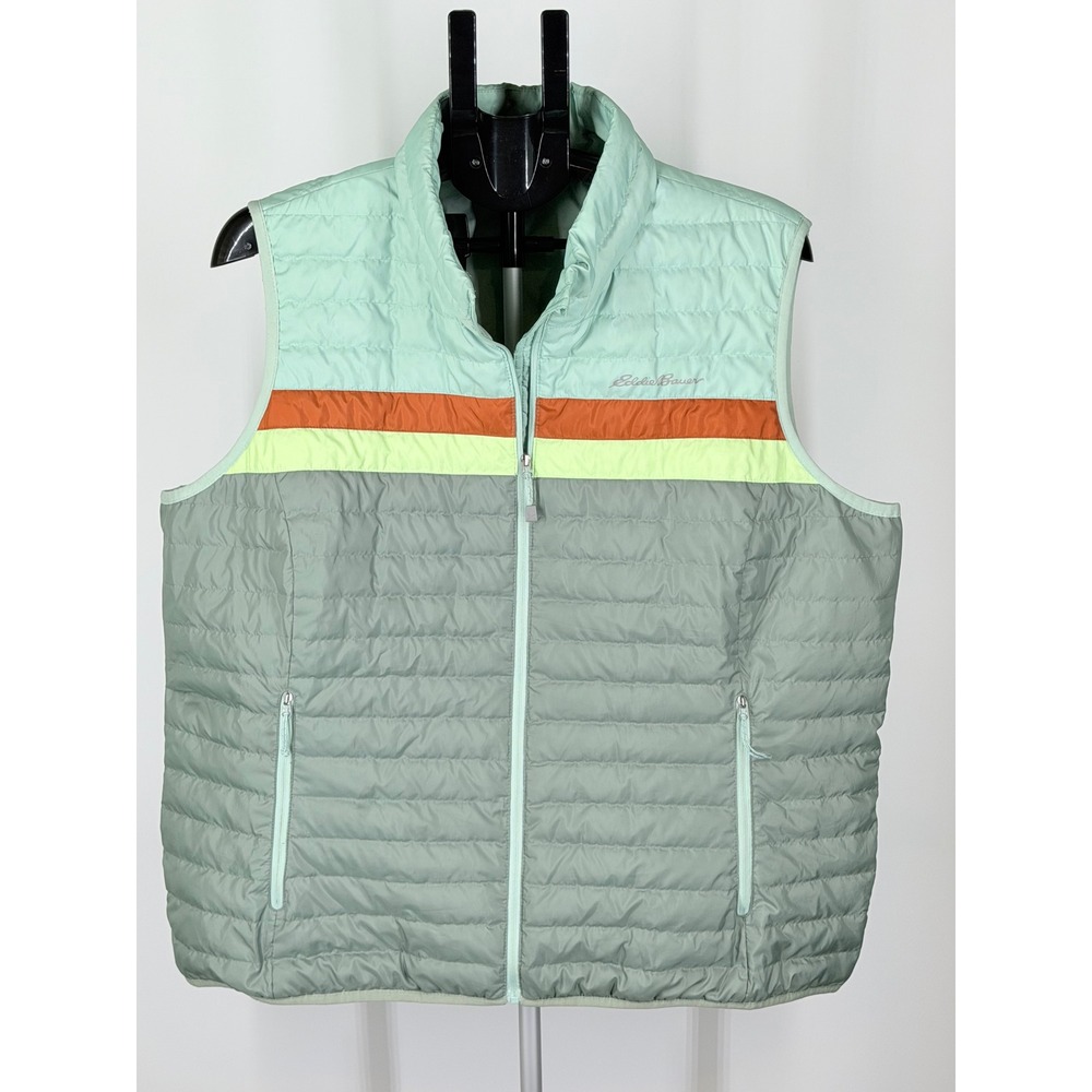 Eddie Bauer Down Vest Womens XXL Green Striped Puffer 650 Fill Quilted Full Zip